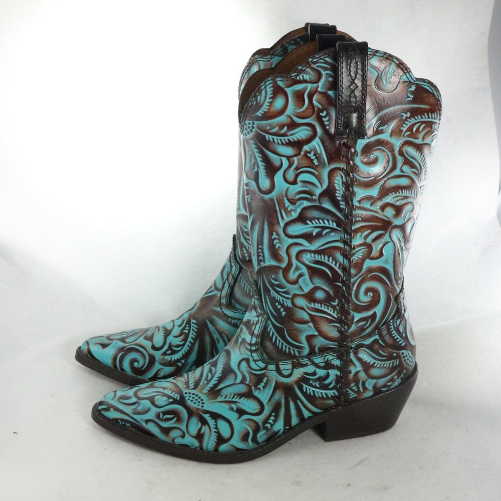 SOLD! Patricia Nash Bergamo Turquoise Tooled Boots - Picture 6 of 8
